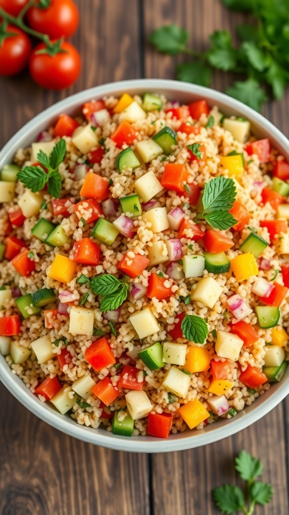 A colorful quinoa salad with bell peppers, cucumbers, and cherry tomatoes, garnished with herbs, on a rustic table.